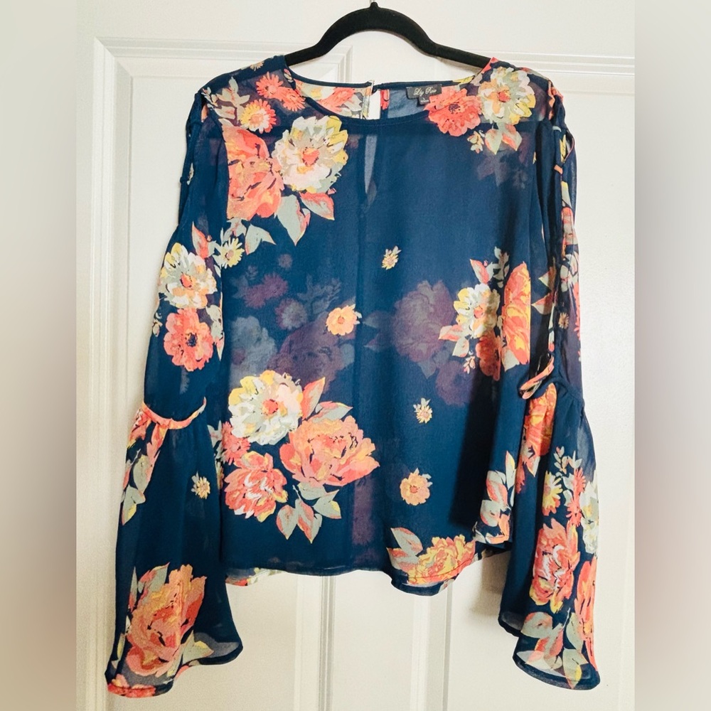 Lily Rose Sheer Floral Bell Sleeve Blouse